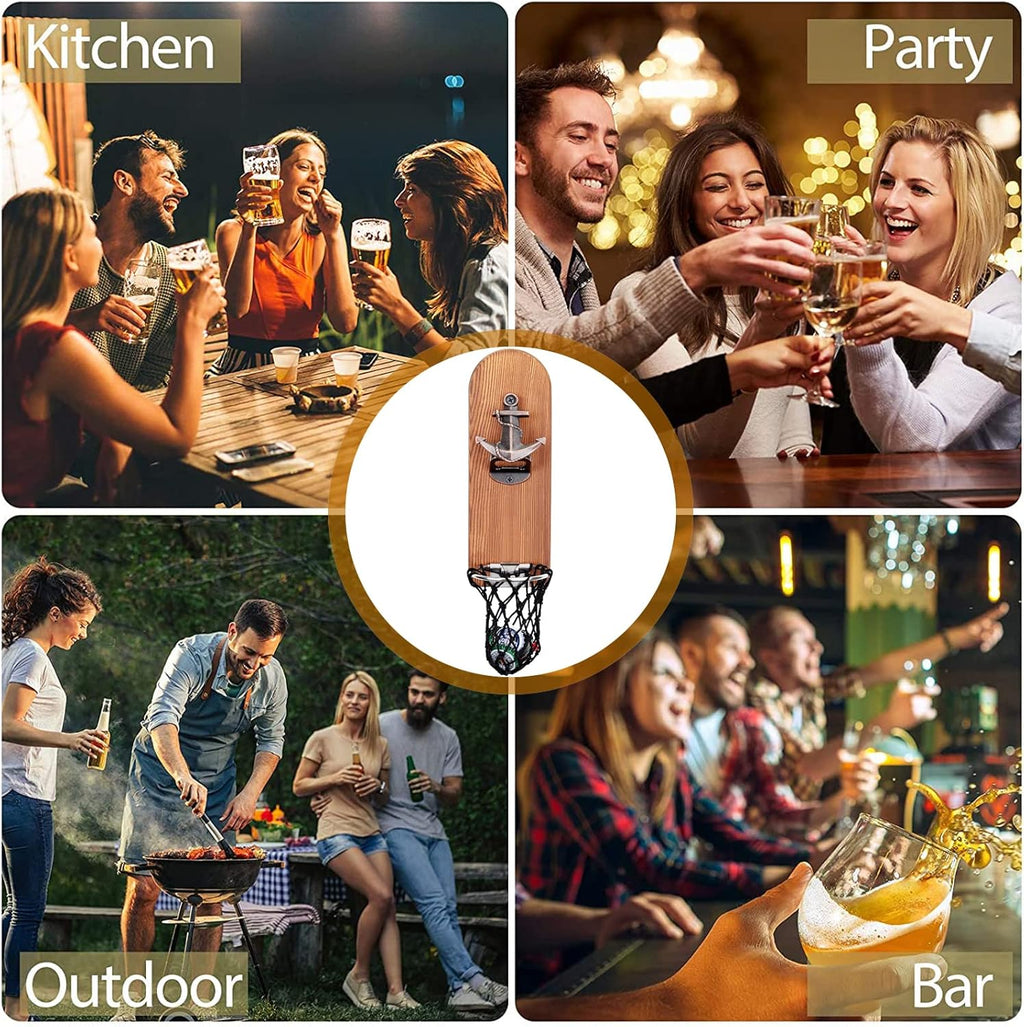 ZONSUSE Magnetische flesopeners met netvanger, wandgemonteerde houten bierflesopener, tracelloze kurkentrekker, thuisbaraccessoires voor keuken, tuin, buiten, ideale biergeschenken voor mannen