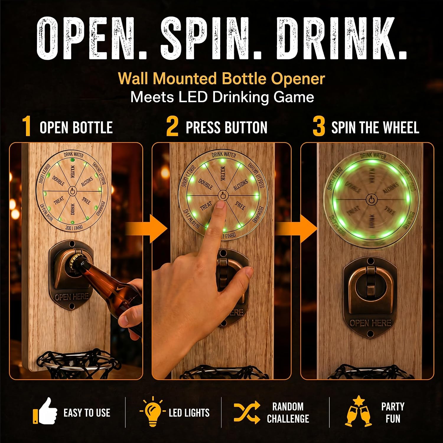 ZONSUSE Magnetische flesopeners met netvanger, wandgemonteerde houten bierflesopener, tracelloze kurkentrekker, thuisbaraccessoires voor keuken, tuin, buiten, ideale biergeschenken voor mannen