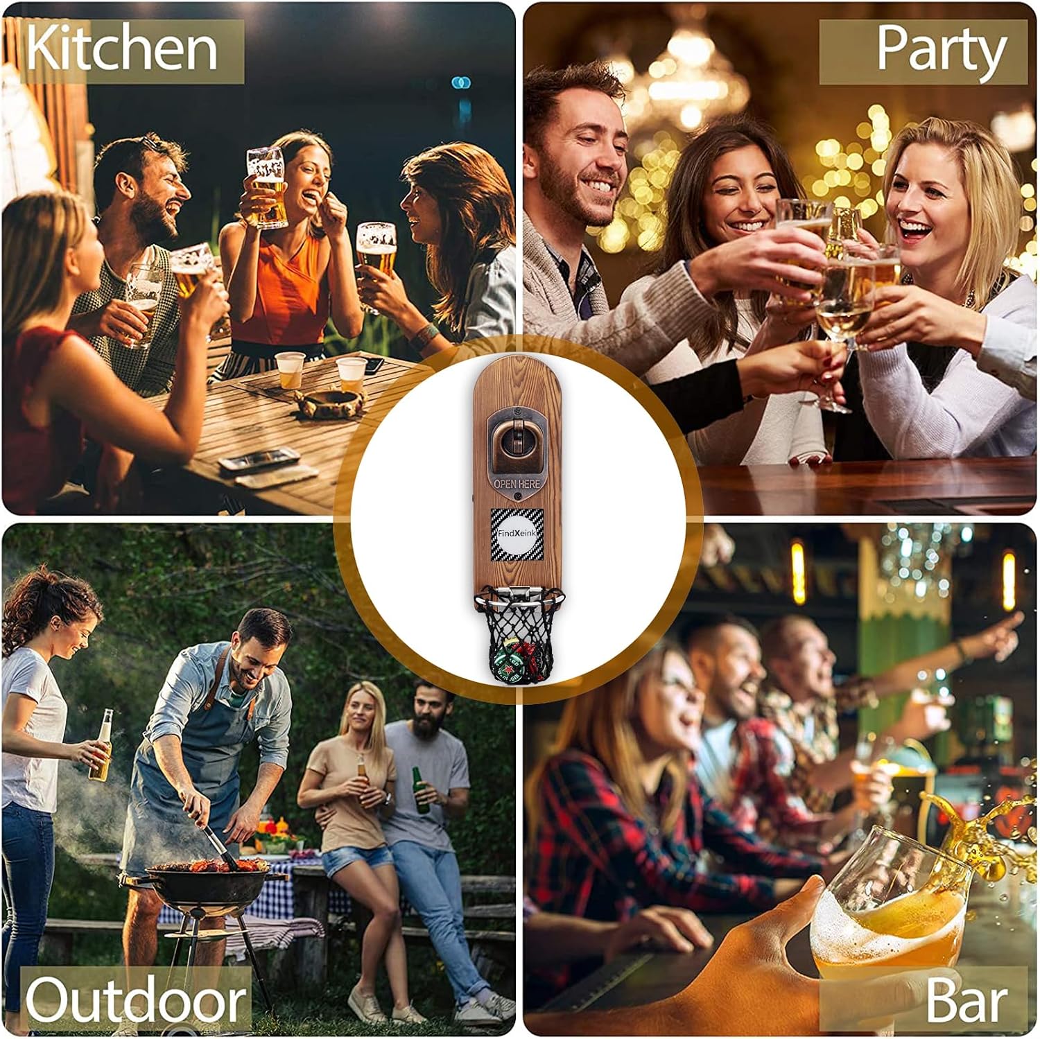 ZONSUSE Magnetische flesopeners met netvanger, wandgemonteerde houten bierflesopener, tracelloze kurkentrekker, thuisbaraccessoires voor keuken, tuin, buiten, ideale biergeschenken voor mannen