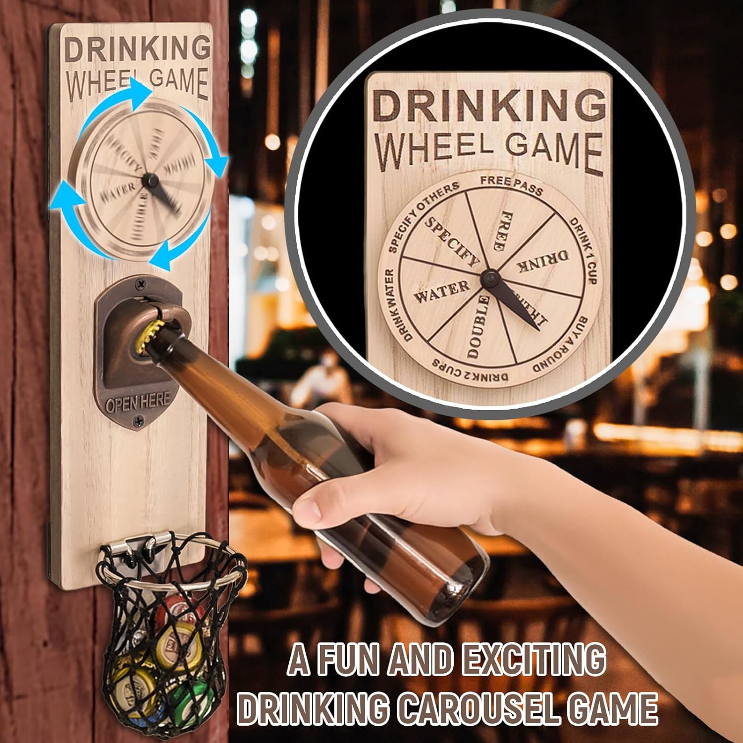 ZONSUSE Magnetische flesopeners met netvanger, wandgemonteerde houten bierflesopener, tracelloze kurkentrekker, thuisbaraccessoires voor keuken, tuin, buiten, ideale biergeschenken voor mannen