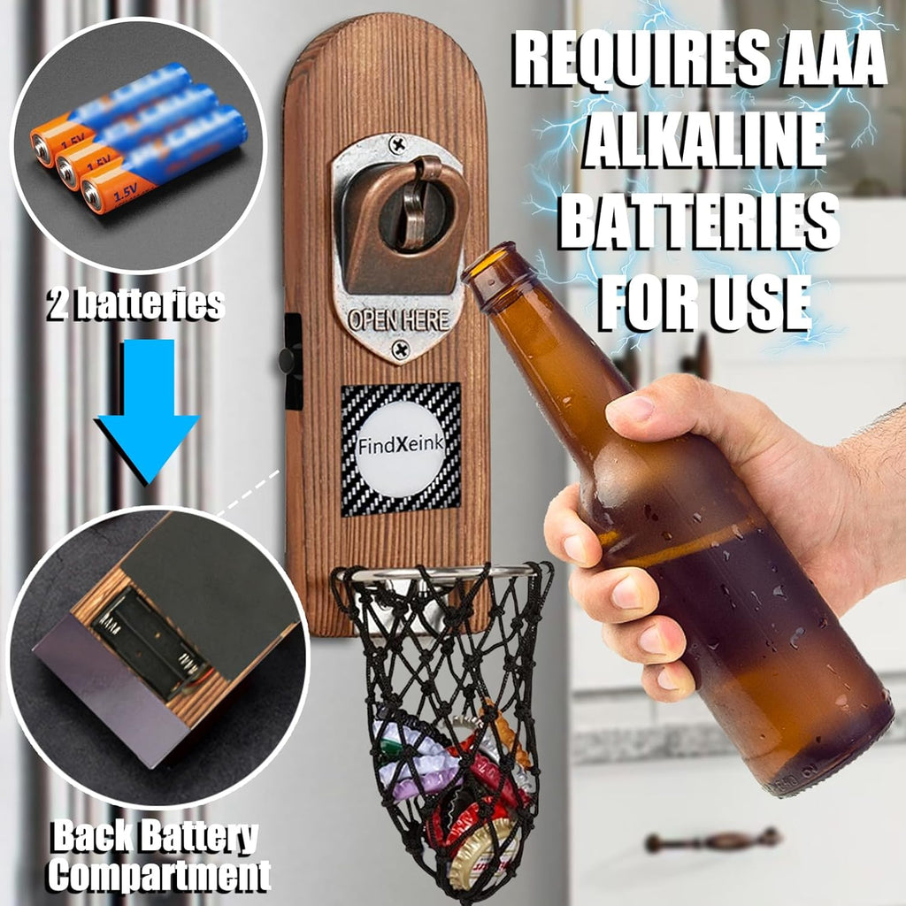 ZONSUSE Magnetische flesopeners met netvanger, wandgemonteerde houten bierflesopener, tracelloze kurkentrekker, thuisbaraccessoires voor keuken, tuin, buiten, ideale biergeschenken voor mannen