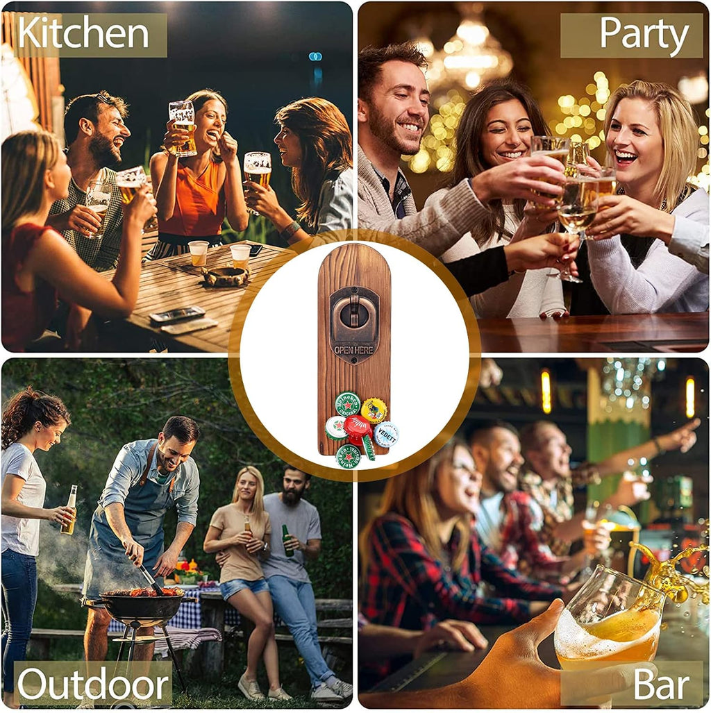 ZONSUSE Magnetische flesopeners met netvanger, wandgemonteerde houten bierflesopener, tracelloze kurkentrekker, thuisbaraccessoires voor keuken, tuin, buiten, ideale biergeschenken voor mannen