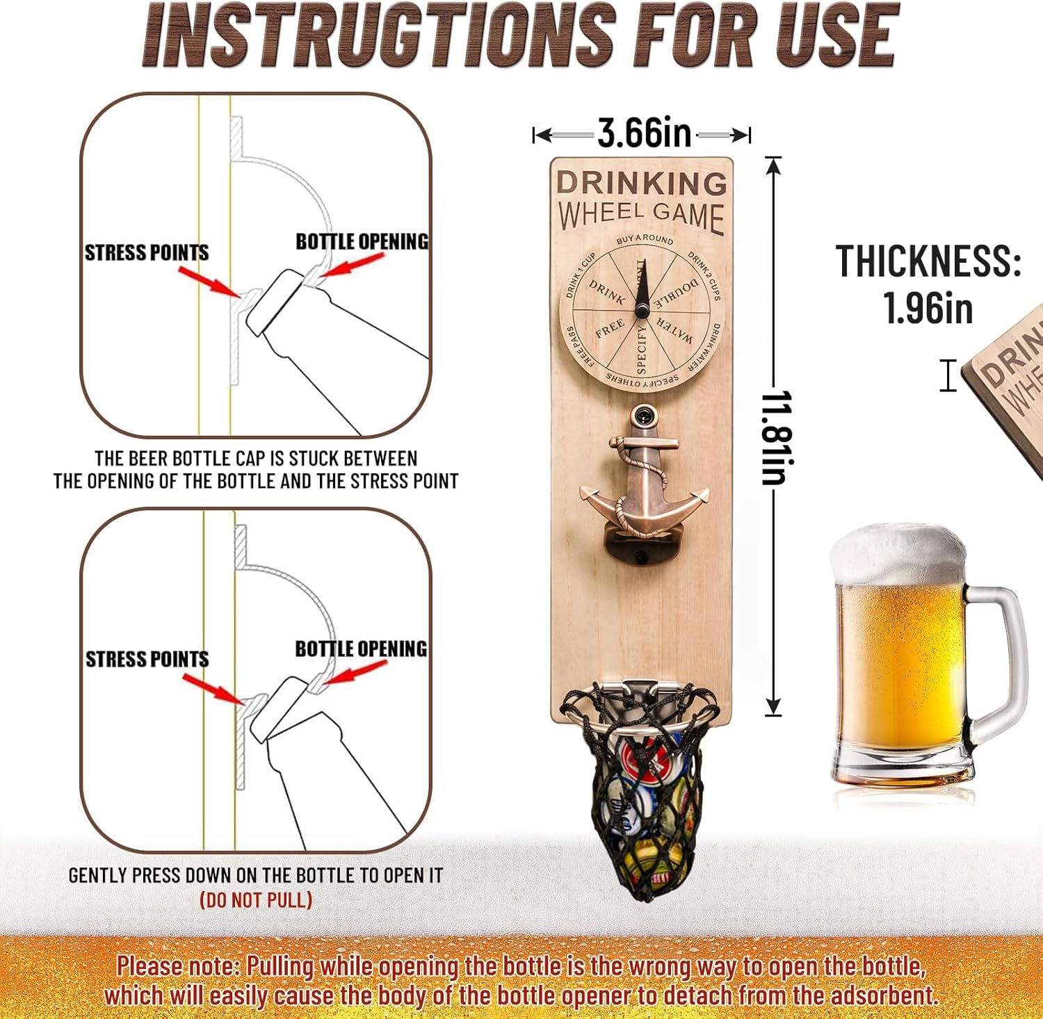 ZONSUSE Magnetische flesopeners met netvanger, wandgemonteerde houten bierflesopener, tracelloze kurkentrekker, thuisbaraccessoires voor keuken, tuin, buiten, ideale biergeschenken voor mannen