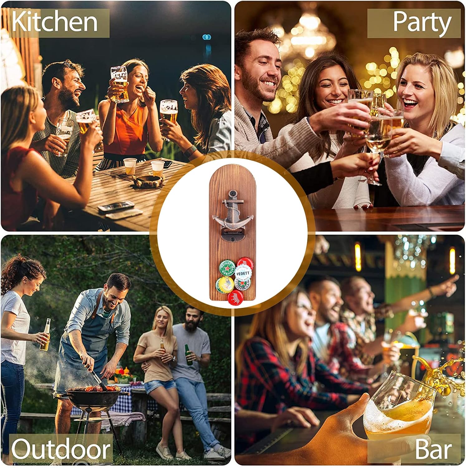 ZONSUSE Magnetische flesopeners met netvanger, wandgemonteerde houten bierflesopener, tracelloze kurkentrekker, thuisbaraccessoires voor keuken, tuin, buiten, ideale biergeschenken voor mannen
